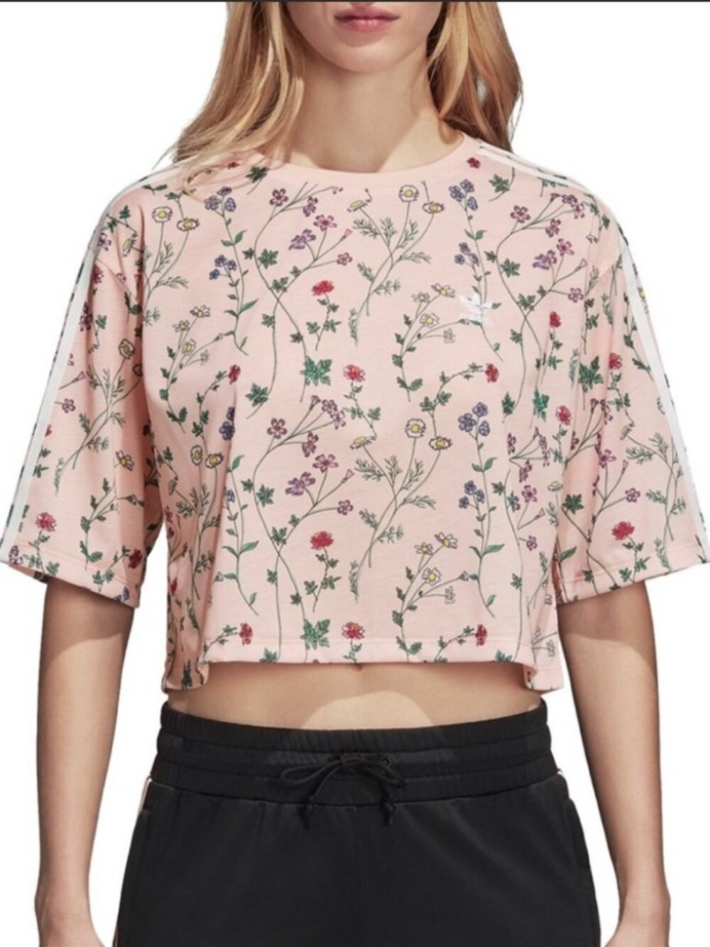Adidas Originals Floral Pink 3-Stripe Crop Tee Size Small